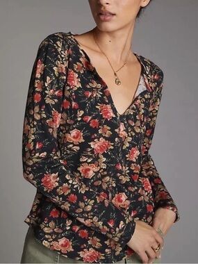 Anthropologie Pilcro black floral waffle knit split neck top Size XL Whimsigoth